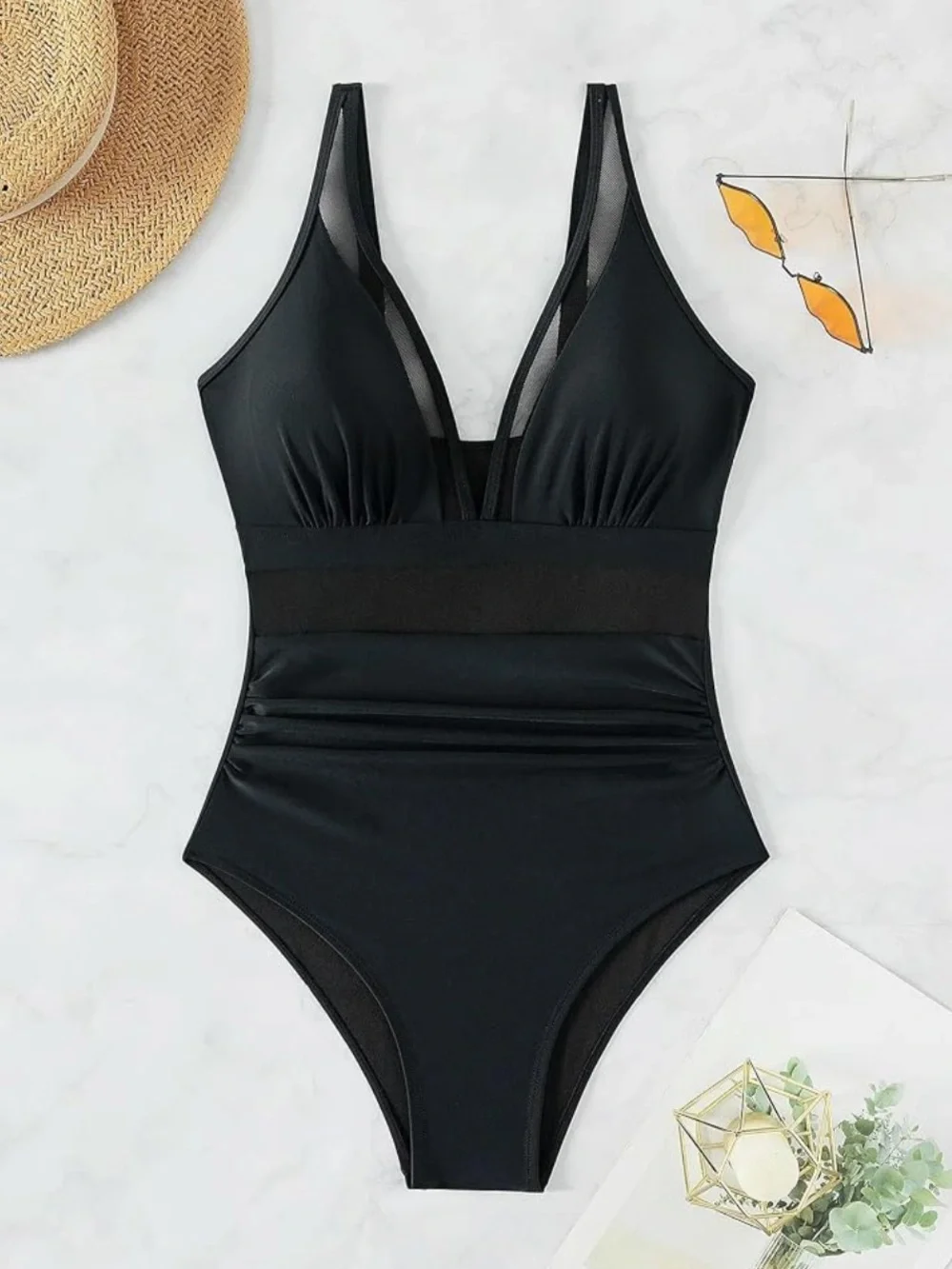Women’s One-Piece Black Mesh Cut Out Swimsuit, Size M NWOT